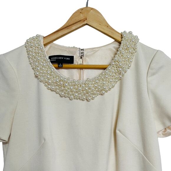 Jones New York Vintage Y2K Pearl Trim Ponte Off White Dress Size 4 - Picture 4 of 5